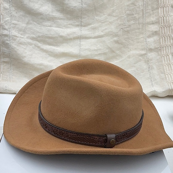 Lucky Brand 100% Wool Western Brown Leather Ranger Hat, Medium Beige - Picture 5 of 10